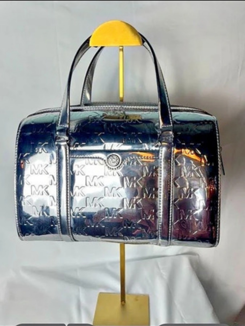 NWT Michael Kors Jet Set Metallic MK Logo Duffel Satchel 35F5STFS60